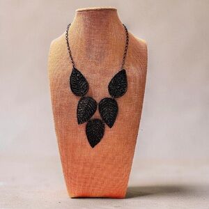 Beaded Black Necklace- Leaf Necklace GUC